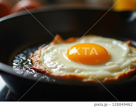 Sunny-Side-Up Egg with Runny Yolk and Crisp Edges Frying in Cast-Iron Pan under Natural Kitchen Light 128849462