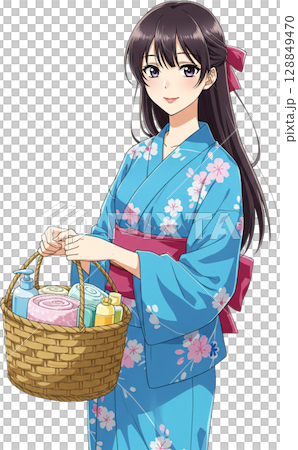 Friendly Girl with Onsen Basket 128849470