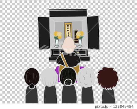 一位僧人在佛壇前誦經,參加者身著喪服 一位僧人在佛壇前誦經,參加者身著喪服 128849484