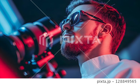 Bearded man with sunglasses looks up at a large lens under red a 128849565