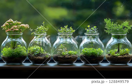 Five glass terrariums with diverse plants on a wooden ledge agai Five glass terrariums with diverse plants on a wooden ledge agai 128849579