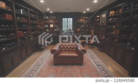 Camera Collection Displayed in Dark Wood Library with Leather Ch Camera Collection Displayed in Dark Wood Library with Leather Ch 128849580