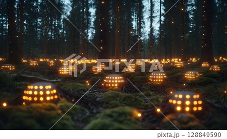 Illuminated Forest Floor with Dotted Lanterns at Night 128849590