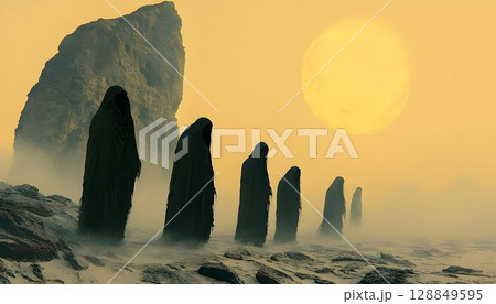 Eerie Procession of Hooded Figures in a Misty, Desert Landscape 128849595