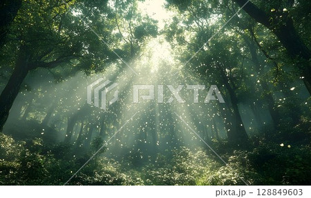 Sunbeams Piercing a Mystical Forest Filled with Falling Particle 128849603
