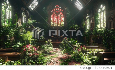 Overgrown Sanctuary: Nature Reclaims a Stained Glass Church Inte 128849604