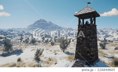 Snowy Mountain Vista from Stone Tower with Distant Observer and 128849605