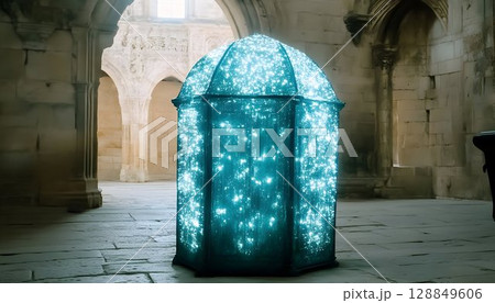 Illuminated Octagonal Shrine in Ancient Hallway 128849606