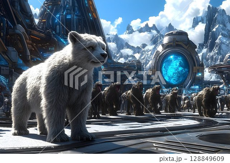 White Bear Cub Leads a Pack of Monsters in a Futuristic Mountain 128849609