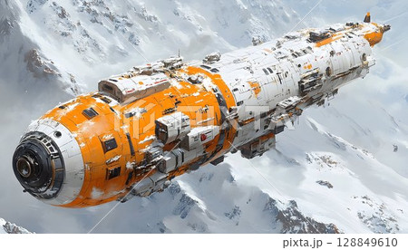 Futuristic Orange and White Spaceship Flying Over Snowy Mountain 128849610