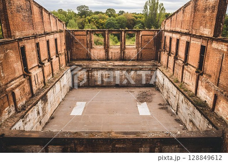 High-Angle View of a Ruined Brick Factory Interior 128849612