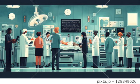 Diverse medical team attending patient in a modern, high-tech op 128849626