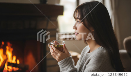 リラックスタイムの女性、温かい飲み物と過ごす穏やかなひととき 128849652