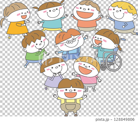 三角構図で並ぶ多様な子どもたちのイラスト｜共生・教育・ベクター素材 128849806