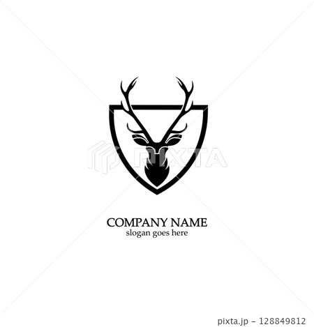 Deer hunter with shield logo design, Wild animal vector, Head deer illustration 128849812