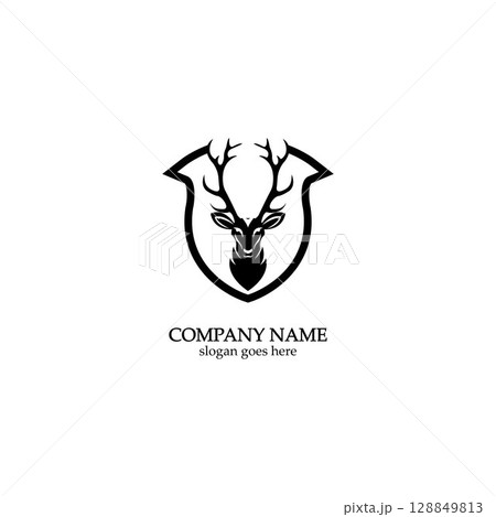 Deer hunter with shield logo design, Wild animal vector, Head deer illustration 128849813