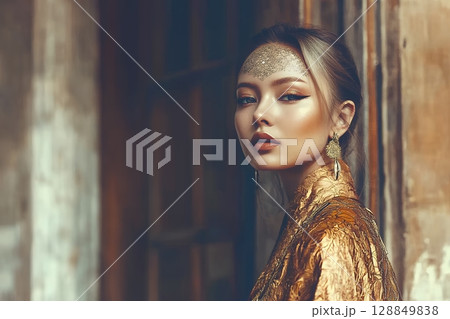 着物を着た日本人奇抜なヘアメイクスタイル 美人女性像を生成AIで表現（横写真） 128849838