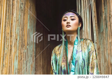 着物を着た日本人奇抜なヘアメイクスタイル 美人女性像を生成AIで表現（横写真） 128849847