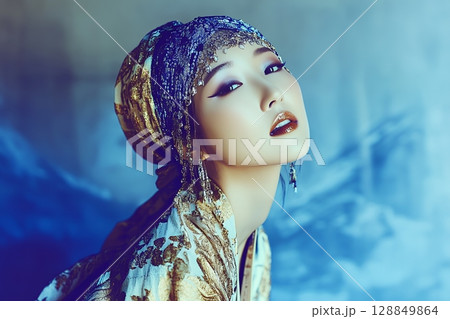 着物を着た日本人奇抜なヘアメイクスタイル 美人女性像を生成AIで表現(横写真) 着物を着た日本人奇抜なヘアメイクスタイル 美人女性像を生成AIで表現(横写真) 128849864