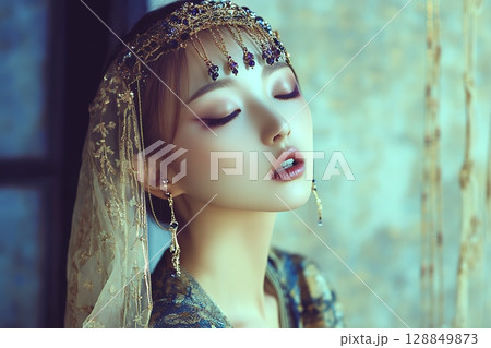 着物を着た日本人奇抜なヘアメイクスタイル 美人女性像を生成AIで表現（横写真） 128849873