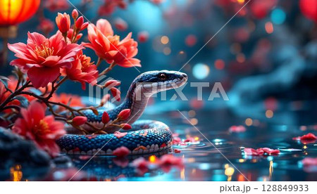 3D illustration of a snake in the water with red flowers 128849933