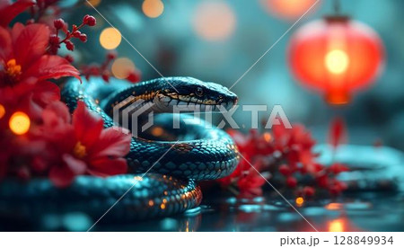 Beautiful tropical snake on blurred background with bokeh effect 128849934