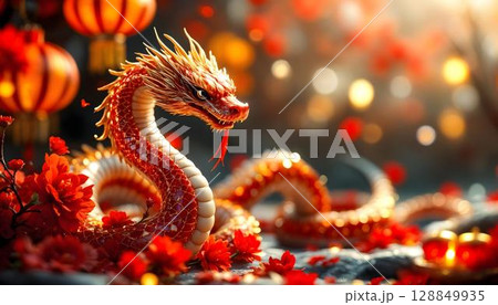 Chinese New Year of the Snake. Festive decoration with red flowers 128849935