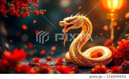 Chinese new year concept. Golden snake and red flowers on dark background 128849939