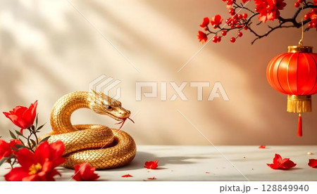 Chinese new year concept. Golden snake, red lanterns and red flowers on white background 128849940