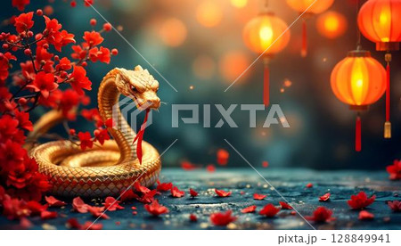 Chinese New Year concept. Golden snake and red lanterns on wooden background 128849941
