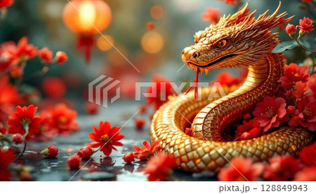 Chinese New Year concept. Golden dragon and red flowers on black background 128849943