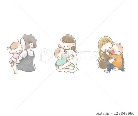 抱っこされる赤ちゃんとママの手描きイラスト 抱っこされる赤ちゃんとママの手描きイラスト 128849960