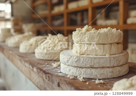 Stacked artisan cheeses with crumbly tops on a rustic wooden cou 128849999