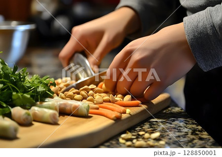 Hands Chopping Peanuts and Vegetables for Spring Rolls Hands Chopping Peanuts and Vegetables for Spring Rolls 128850001