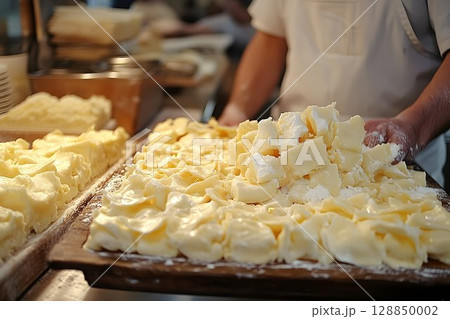Creamy Butter Patties Preparation: A Baker's Hands at Work 128850002