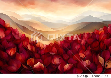 Crimson Leaves and Golden Mountains: A Serene Landscape 128850033