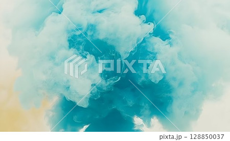 Ethereal turquoise cloud with soft edges against a pale yellow b 128850037