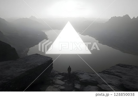 Solitary Figure Gazing at Luminous Triangle Above Misty Mountain 128850038