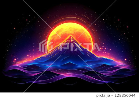 Neon Mountainscape with Fiery Celestial Orb and Starry Night Sky 128850044