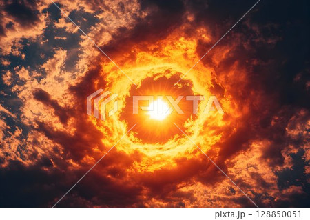 Fiery Sky: A Dramatic Cloudscape with a Central Sunburst and Int 128850051