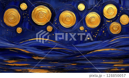 Golden Celestial Swirls Over Deep Blue Undulating Landscape 128850057