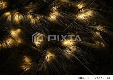 Abstract golden light reflecting on dark, flowing, textured surf 128850058