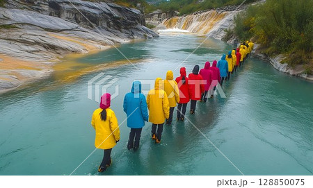 Colorful Raincoats Crossing Turquoise River with Waterfall Backd 128850075