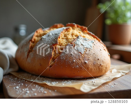Rustic Wholegrain Bread with Cracked Crust and Flour Dust on Wooden Board in Soft Kitchen Light 128850103