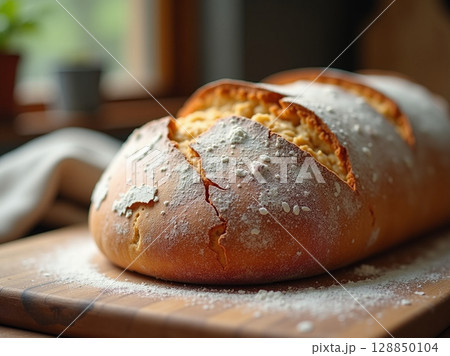 Golden Wholegrain Loaf with Flour-Dusted Cracks on Rustic Board in Cozy Kitchen Light 128850104