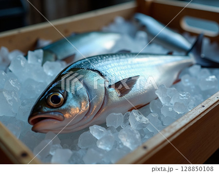 Close-Up of Fresh Silver-Blue Fish with Iridescent Scales on Crushed Ice under Natural Light 128850108