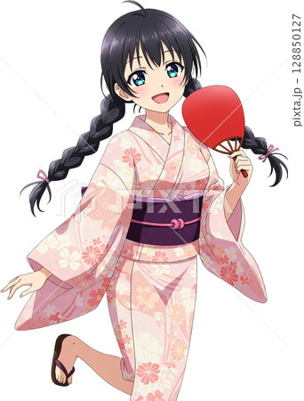 Braided Girl with Fan 128850127
