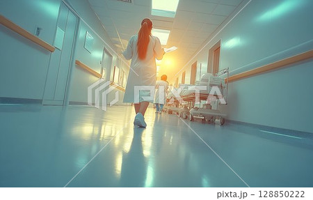 Nurse walking down a brightly lit hospital hallway with gurneys 128850222