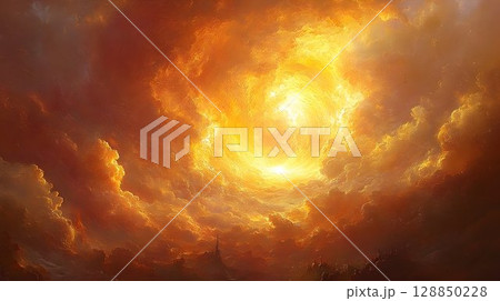 Golden Vortex of Clouds Above a Distant Cityscape, Bathed in Eth 128850228