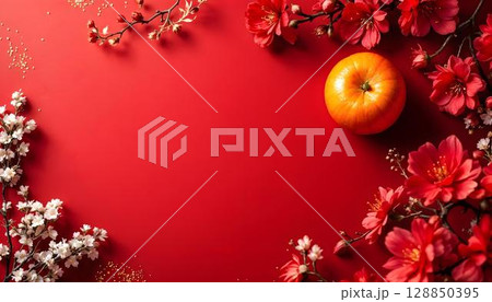Tangerine and cherry blossom on red background with copy space 128850395